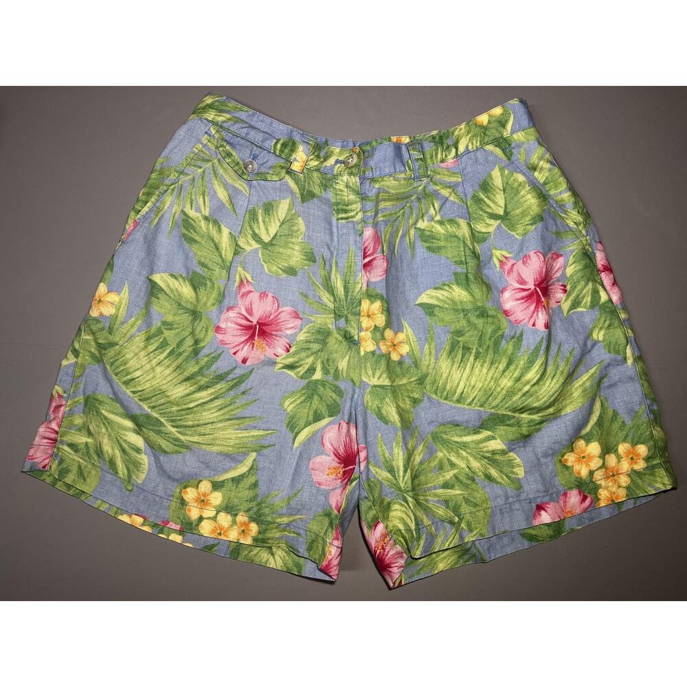 Lauren Ralph Lauren Shorts Womens Petite 28" Blue Linen‎ Tropical Floral Pleated